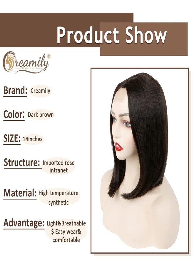 Creamily 14 Inch Short Dark Brown Bob Wigs for Women Shoulder Length Straight Wig Middle Part Small Lace Front Wig Synthetic Hair Replacement Wigs for Women Bob Hairstyle - Image 2